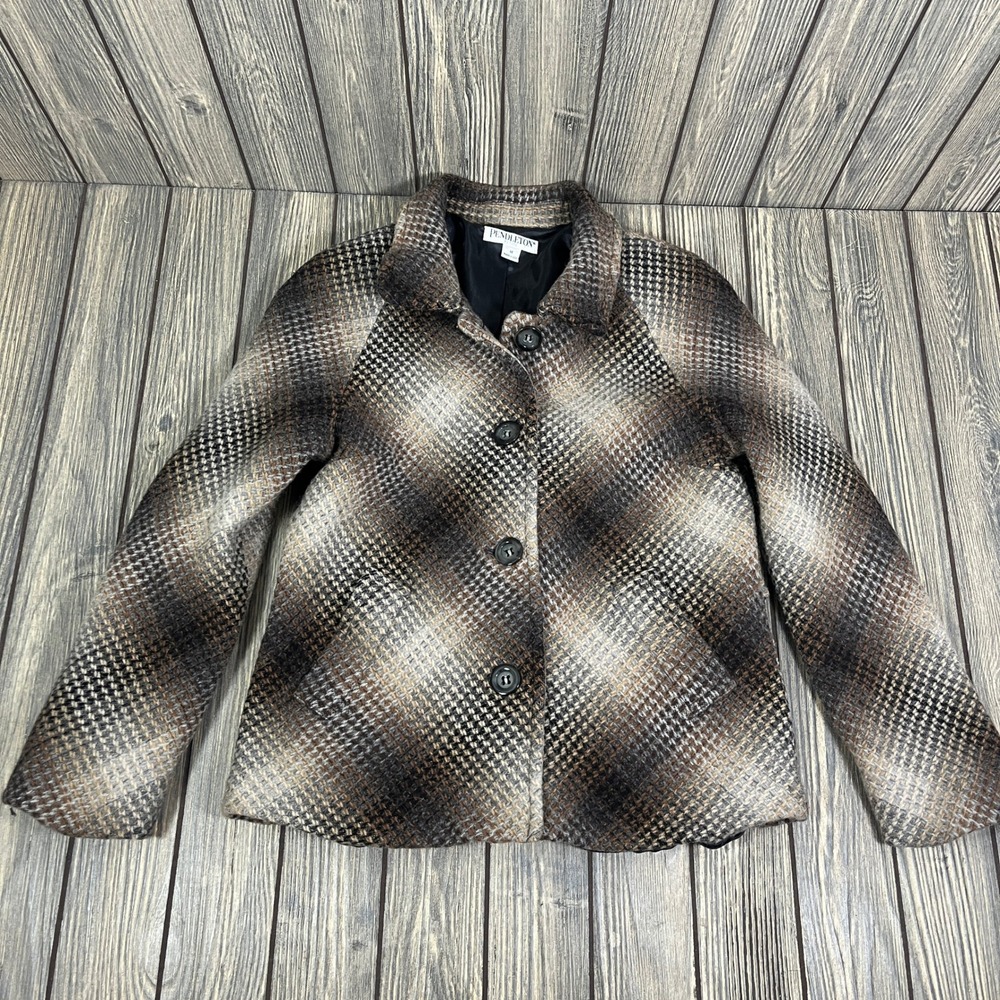 Pendleton Wool Blazer Jacket Women M Brown Plaid Virgin Houndstooth USA Vtg